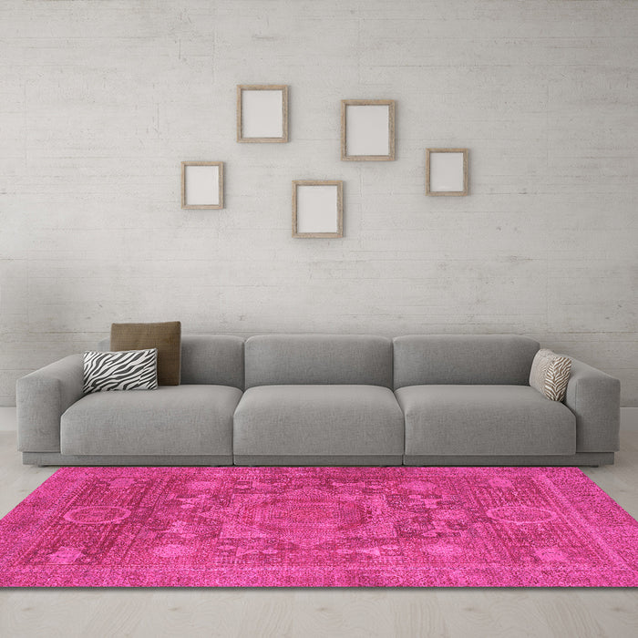 Machine Washable Oriental Pink Modern Rug in a Living Room, wshabs1469pnk