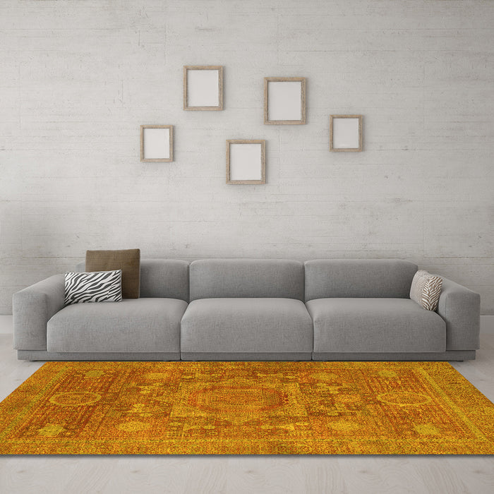 Machine Washable Oriental Yellow Modern Rug in a Living Room, wshabs1469yw
