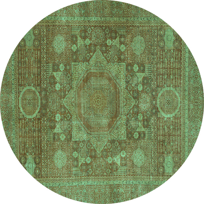 Round Machine Washable Oriental Turquoise Modern Area Rugs, wshabs1469turq