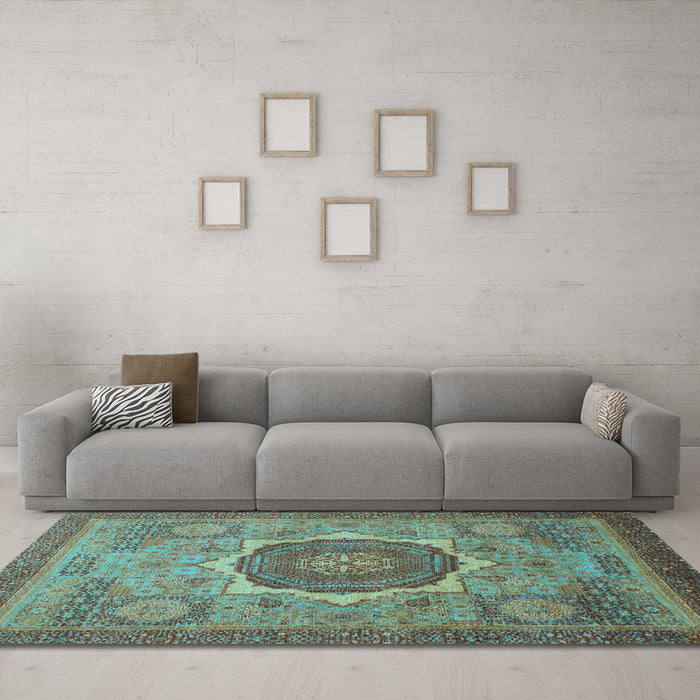 Machine Washable Oriental Light Blue Modern Rug in a Living Room, wshabs1470lblu