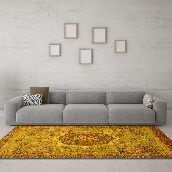 Machine Washable Oriental Yellow Modern Rug in a Living Room, wshabs1470yw