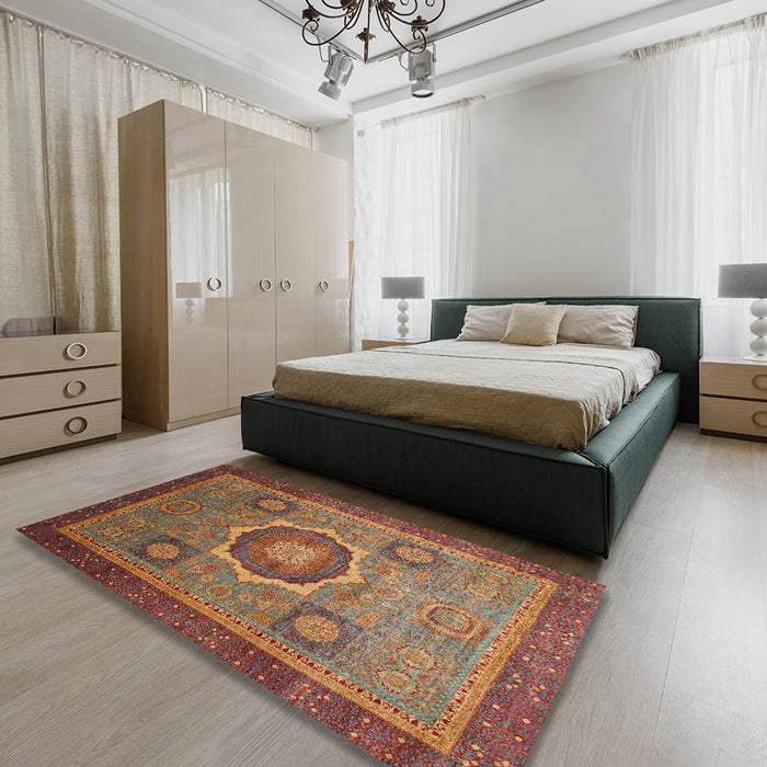 Abstract Fire Brick Red Oriental Rug in a Bedroom, abs1471