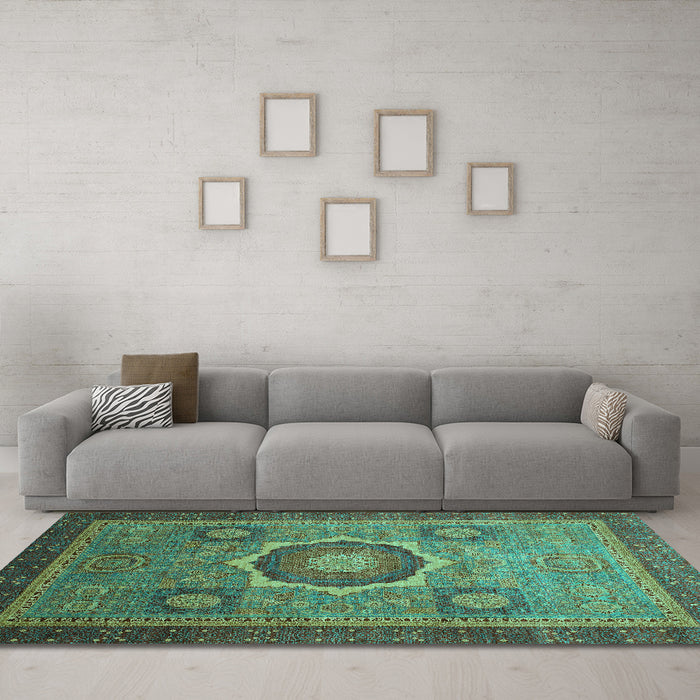 Machine Washable Oriental Turquoise Modern Area Rugs in a Living Room,, wshabs1471turq