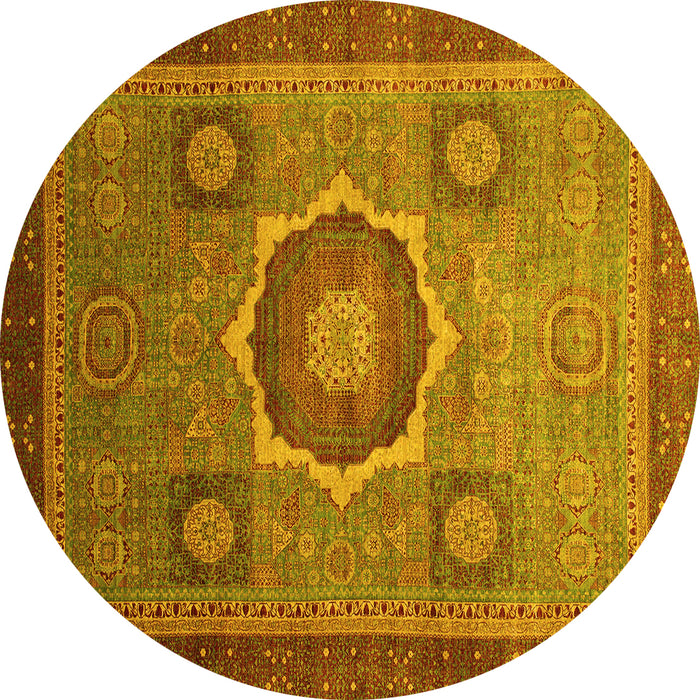Round Machine Washable Oriental Yellow Modern Rug, wshabs1471yw