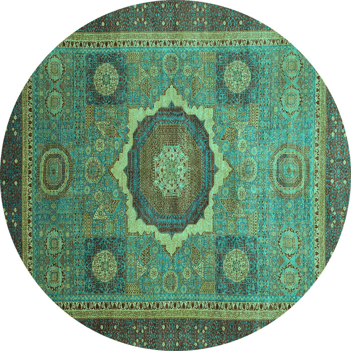 Round Machine Washable Oriental Turquoise Modern Area Rugs, wshabs1471turq