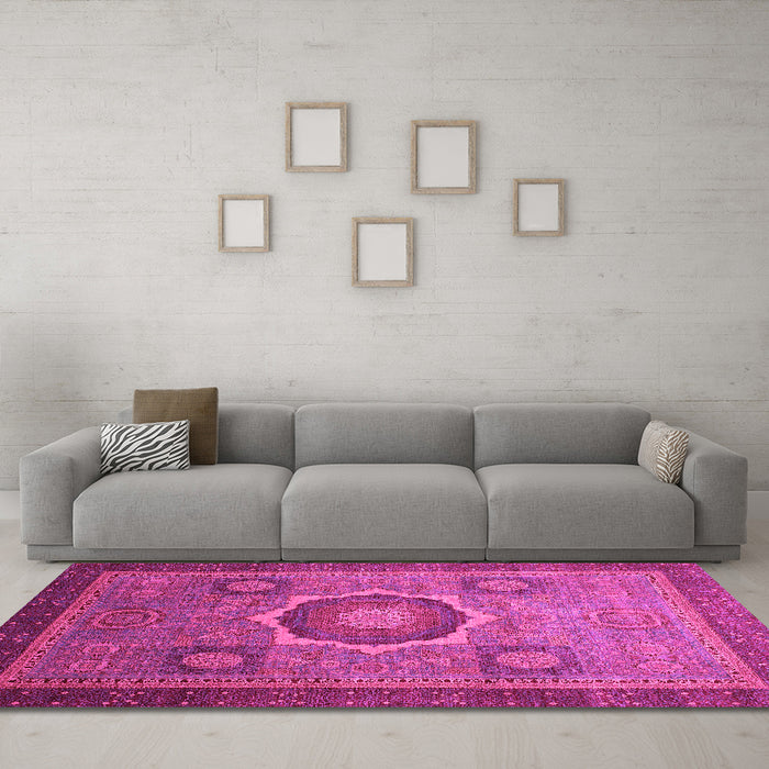 Machine Washable Oriental Pink Modern Rug in a Living Room, wshabs1471pnk