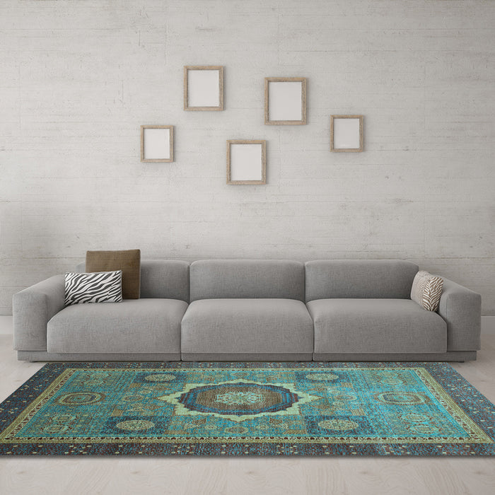 Machine Washable Oriental Light Blue Modern Rug in a Living Room, wshabs1471lblu