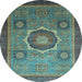 Round Machine Washable Oriental Light Blue Modern Rug, wshabs1471lblu