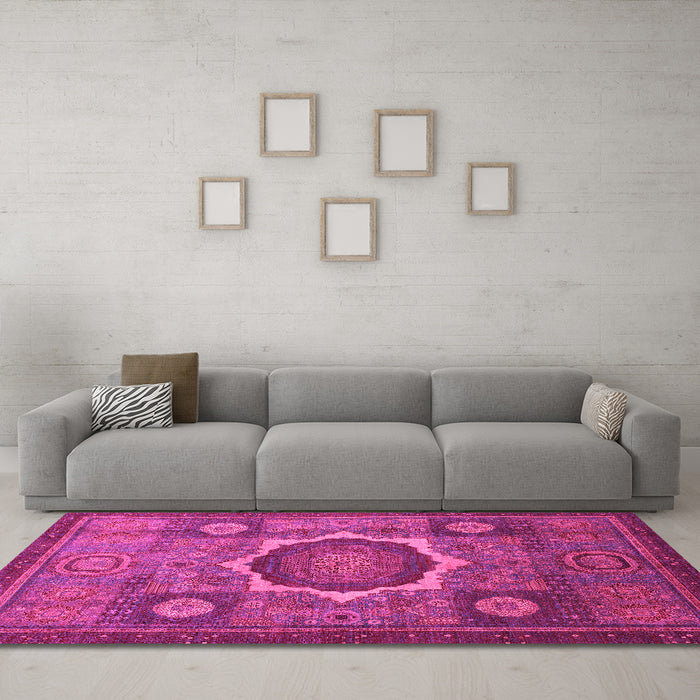 Machine Washable Oriental Pink Modern Rug in a Living Room, wshabs1472pnk