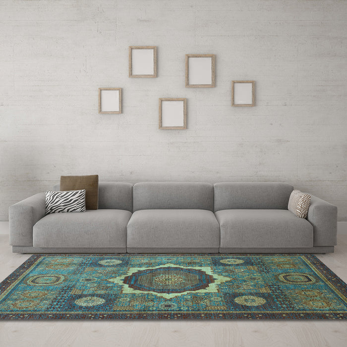 Machine Washable Oriental Light Blue Modern Rug in a Living Room, wshabs1472lblu