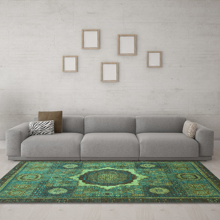 Machine Washable Oriental Turquoise Modern Area Rugs in a Living Room,, wshabs1472turq