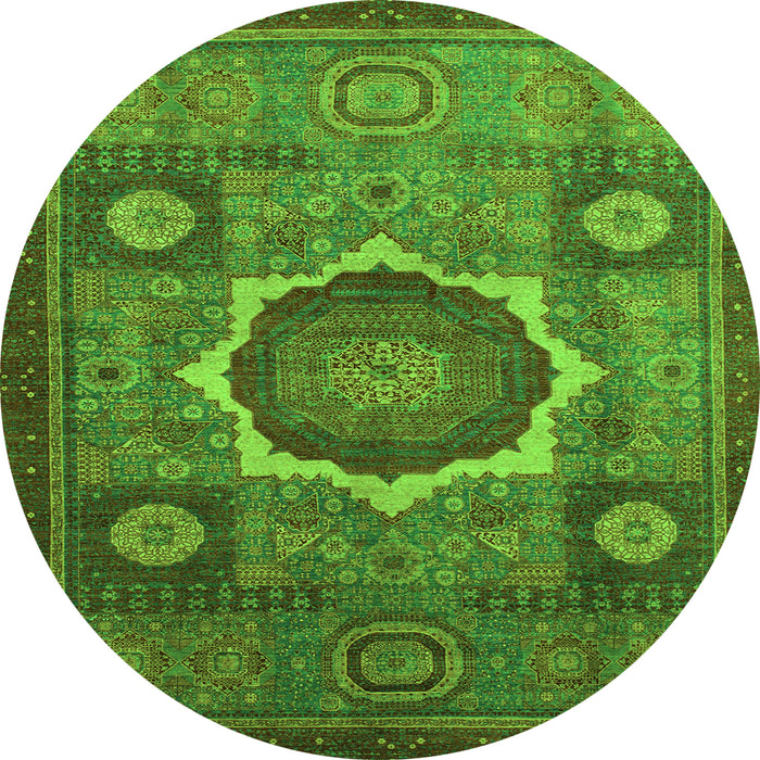 Round Machine Washable Oriental Green Modern Area Rugs, wshabs1472grn