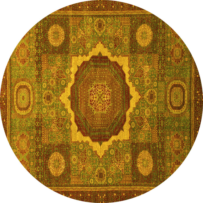 Round Machine Washable Oriental Yellow Modern Rug, wshabs1473yw