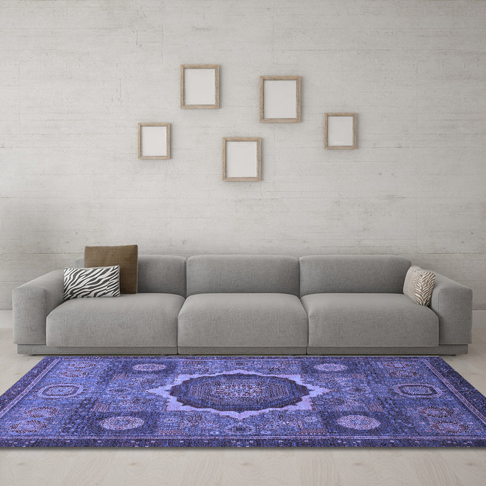 Machine Washable Oriental Blue Modern Rug in a Living Room, wshabs1473blu