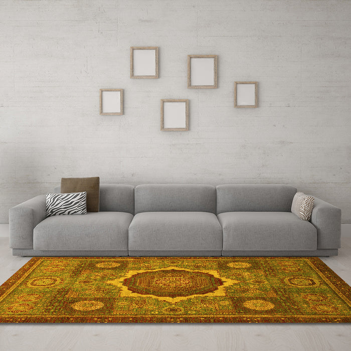 Machine Washable Oriental Yellow Modern Rug in a Living Room, wshabs1473yw