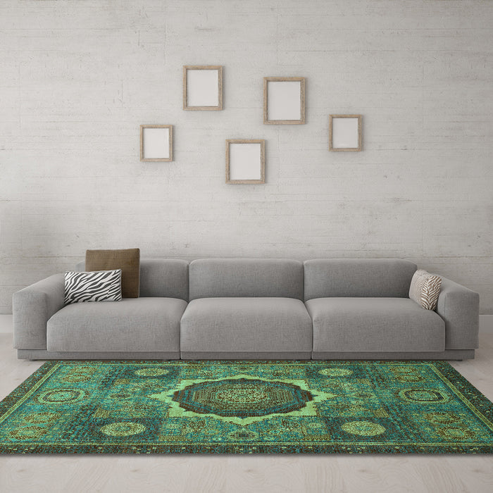 Machine Washable Oriental Turquoise Modern Area Rugs in a Living Room,, wshabs1473turq