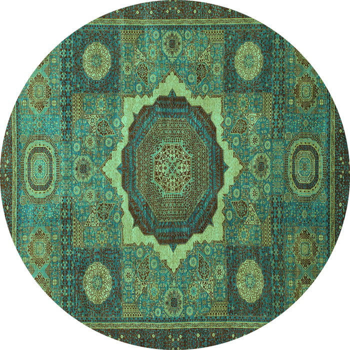 Round Machine Washable Oriental Turquoise Modern Area Rugs, wshabs1473turq