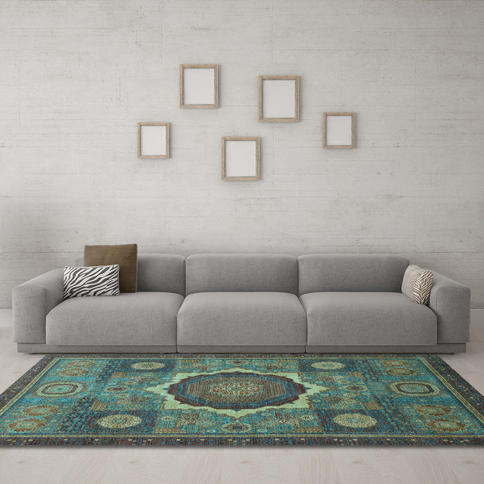 Machine Washable Oriental Light Blue Modern Rug in a Living Room, wshabs1473lblu