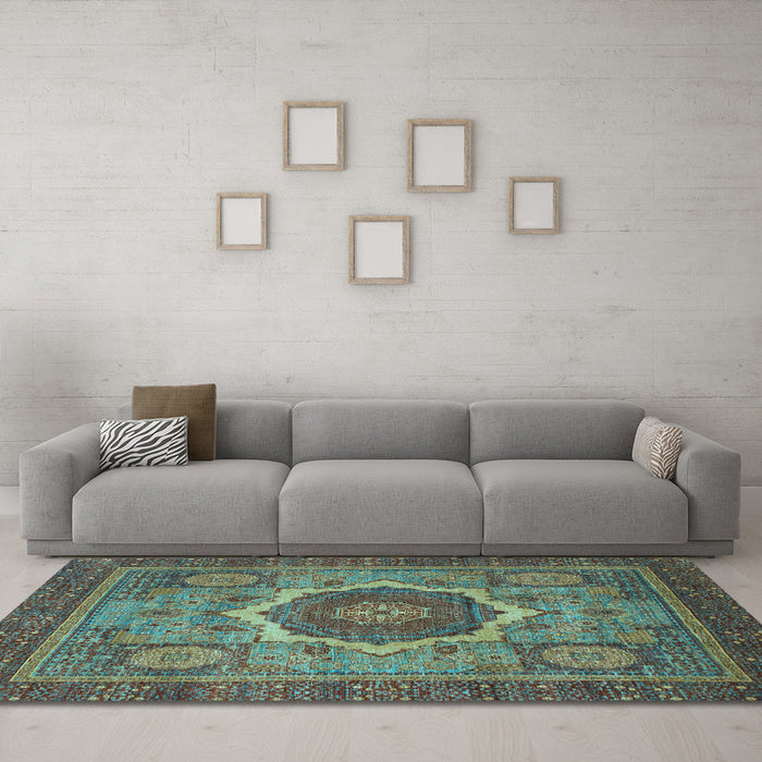 Machine Washable Oriental Light Blue Modern Rug in a Living Room, wshabs1474lblu