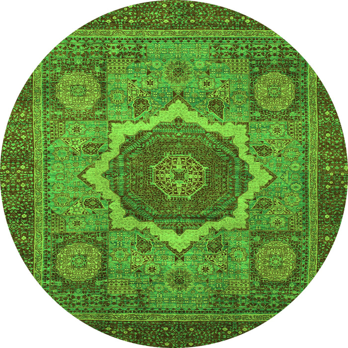 Round Machine Washable Oriental Green Modern Area Rugs, wshabs1474grn