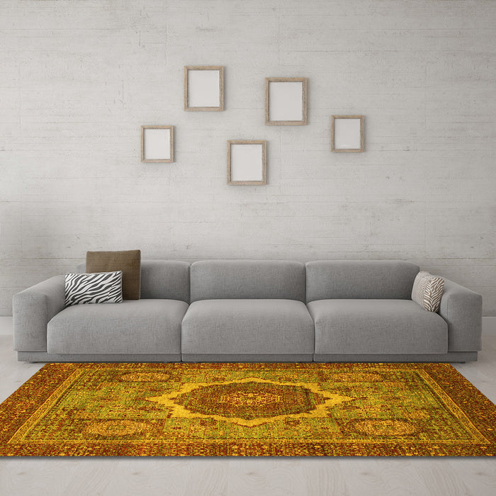 Machine Washable Oriental Yellow Modern Rug in a Living Room, wshabs1474yw
