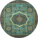 Round Machine Washable Oriental Light Blue Modern Rug, wshabs1474lblu