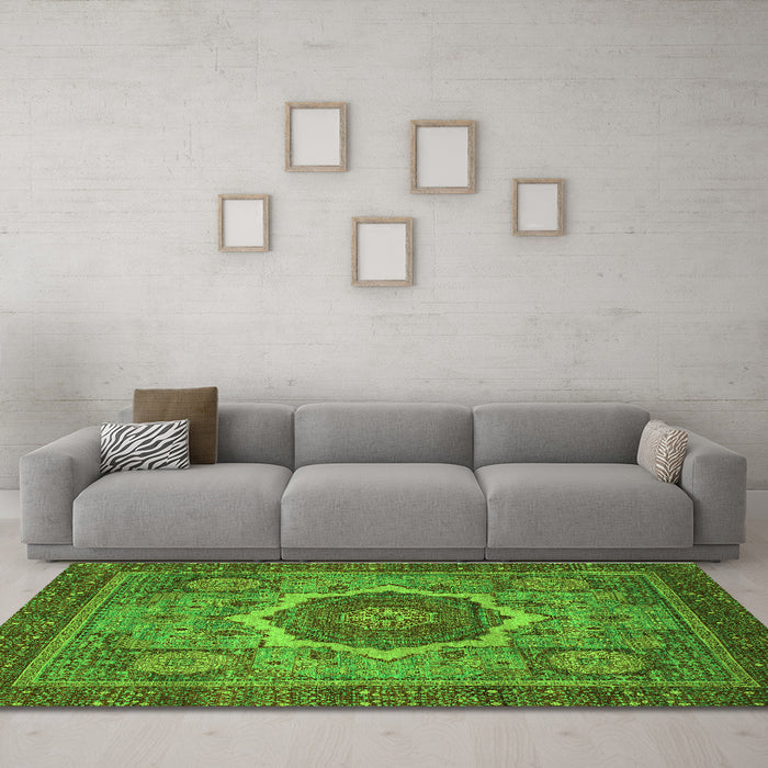 Machine Washable Oriental Green Modern Area Rugs in a Living Room,, wshabs1474grn