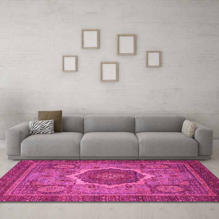 Machine Washable Oriental Pink Modern Rug in a Living Room, wshabs1474pnk