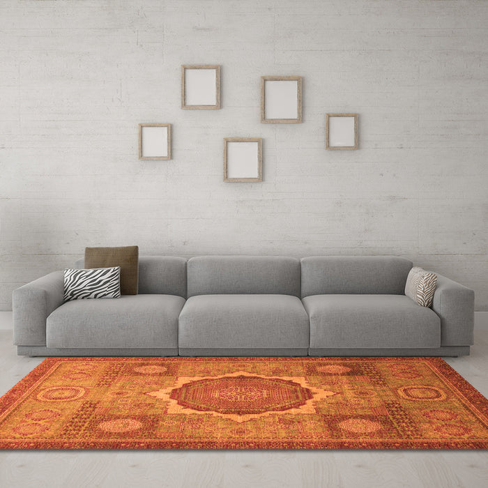 Machine Washable Oriental Orange Modern Area Rugs in a Living Room, wshabs1475org