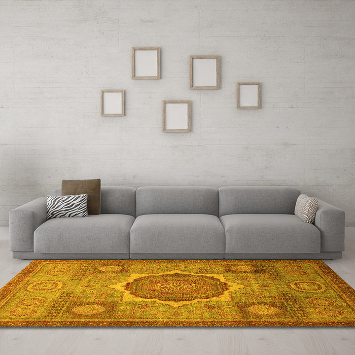 Machine Washable Oriental Yellow Modern Rug in a Living Room, wshabs1475yw