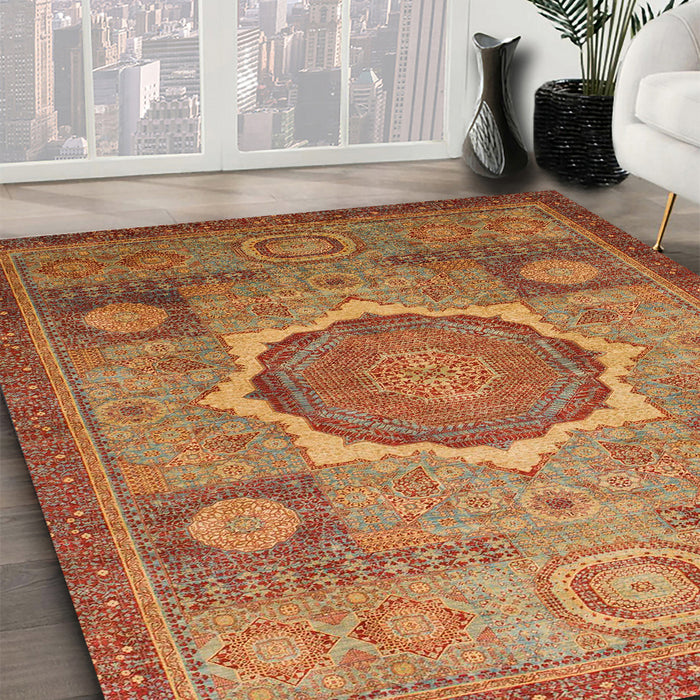 Abstract Bronze Brown Oriental Rug in Family Room, abs1475