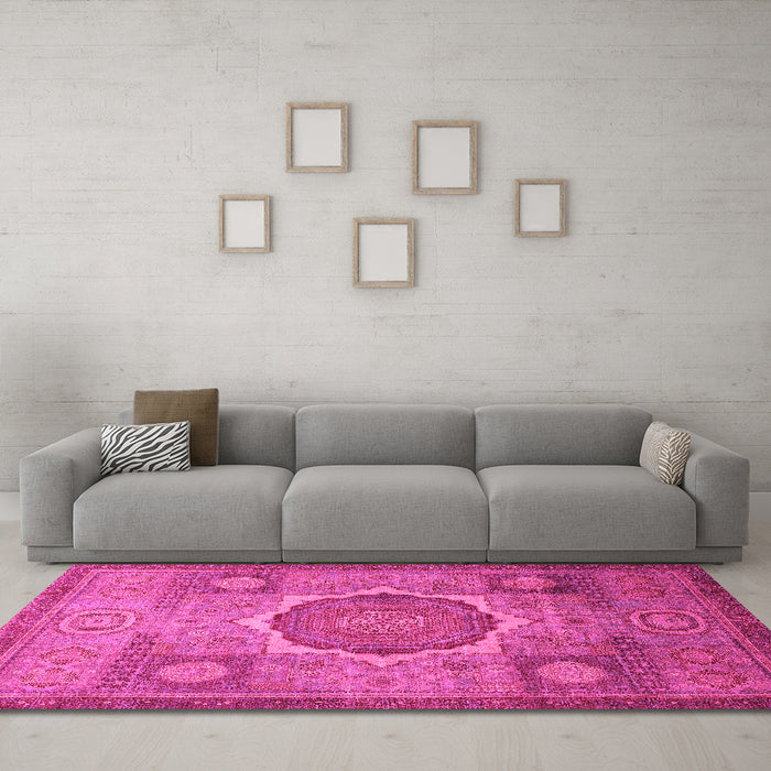 Machine Washable Oriental Pink Modern Rug in a Living Room, wshabs1475pnk