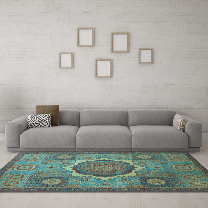 Machine Washable Oriental Light Blue Modern Rug in a Living Room, wshabs1476lblu