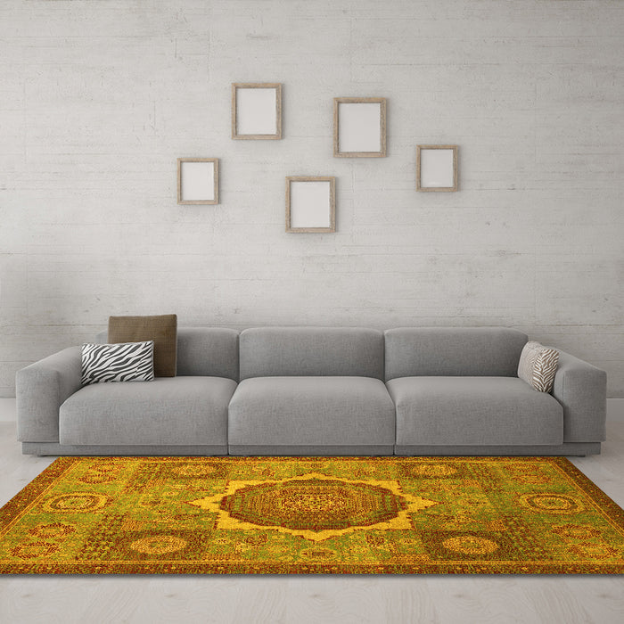 Machine Washable Oriental Yellow Modern Rug in a Living Room, wshabs1476yw