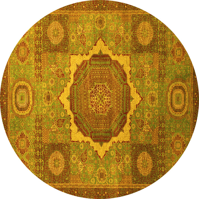 Round Machine Washable Oriental Yellow Modern Rug, wshabs1476yw