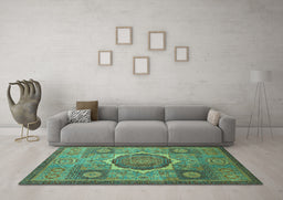 Machine Washable Oriental Turquoise Modern Area Rugs in a Living Room,, wshabs1476turq