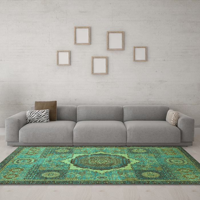 Machine Washable Oriental Turquoise Modern Area Rugs in a Living Room,, wshabs1476turq