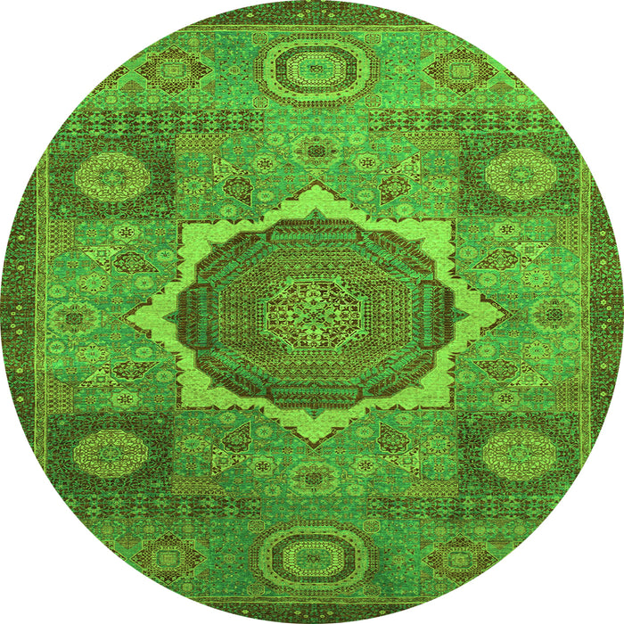 Round Machine Washable Oriental Green Modern Area Rugs, wshabs1476grn