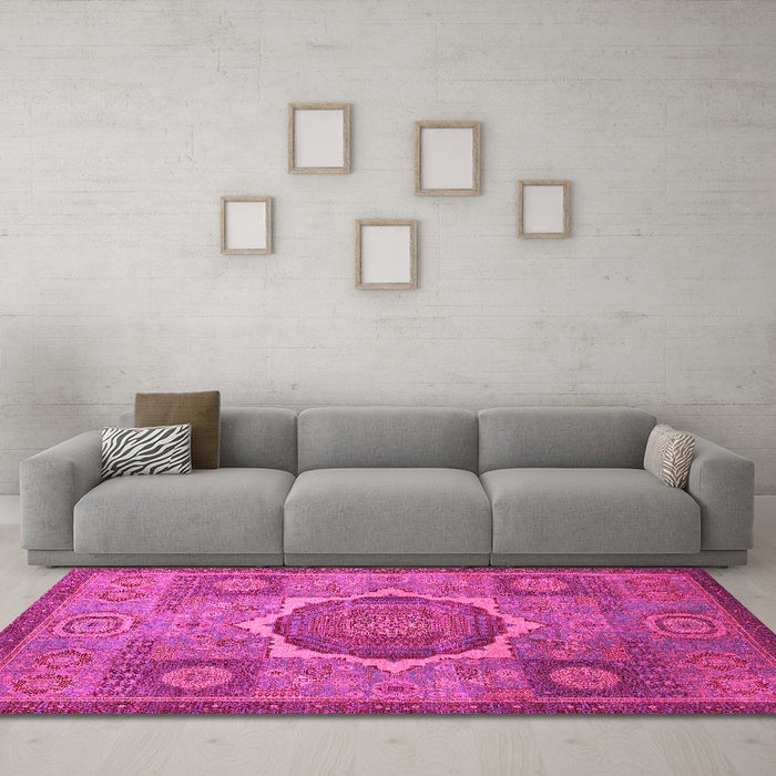 Machine Washable Oriental Pink Modern Rug in a Living Room, wshabs1476pnk