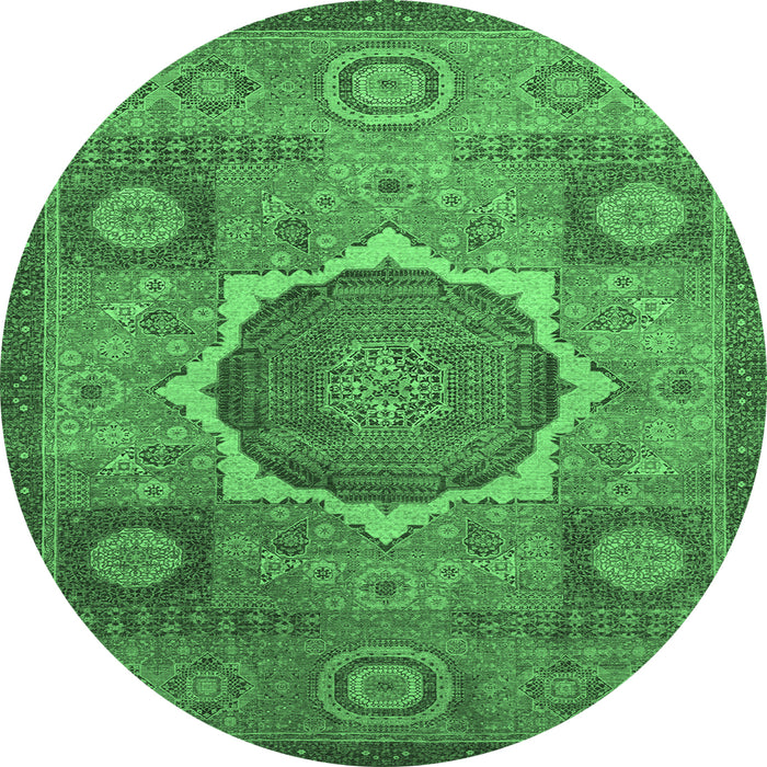 Round Machine Washable Oriental Emerald Green Modern Area Rugs, wshabs1476emgrn