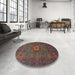 Round Machine Washable Abstract Brown Red Rug in a Office, wshabs1478