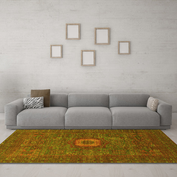 Machine Washable Oriental Yellow Modern Rug in a Living Room, wshabs1478yw