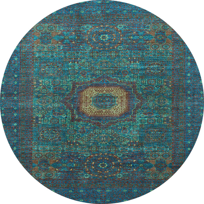 Round Machine Washable Oriental Light Blue Modern Rug, wshabs1478lblu