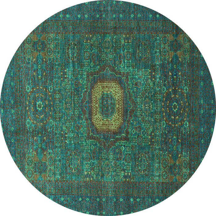 Round Machine Washable Oriental Turquoise Modern Area Rugs, wshabs1478turq