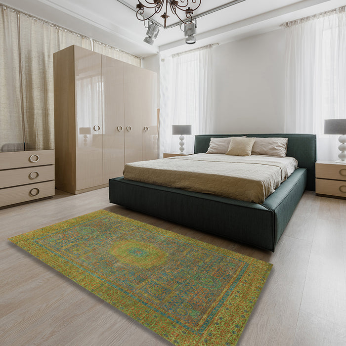 Abstract Oak Brown Oriental Rug in a Bedroom, abs1479