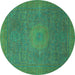 Round Machine Washable Oriental Turquoise Modern Area Rugs, wshabs1479turq