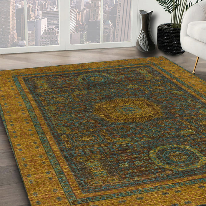 Abstract Reddish Brown Oriental Rug in Family Room, abs1480