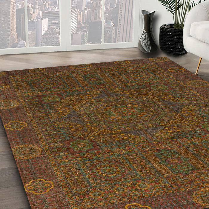Abstract Reddish Brown Oriental Rug in Family Room, abs1482