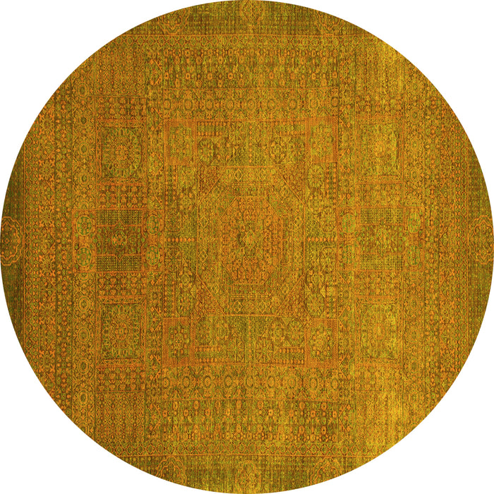 Round Machine Washable Oriental Yellow Modern Rug, wshabs1483yw