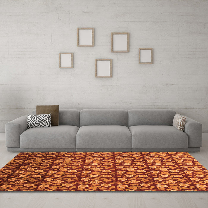 Machine Washable Abstract Orange Modern Area Rugs in a Living Room, wshabs1488org
